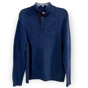 Navy Blue Knit Pullover Cotton Sweater Medium 3-button Mock Neck Elbow Patch